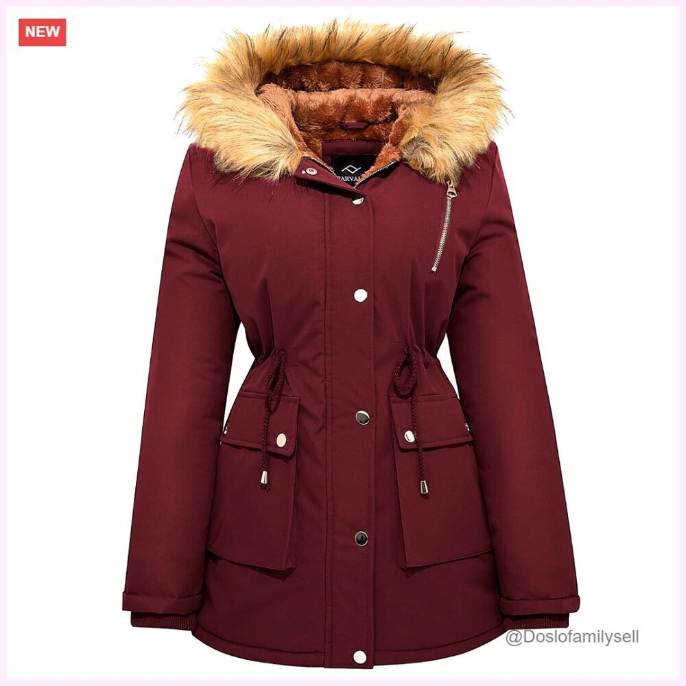 Women's Water-Repellent Puffer Jacket with Fleece Lining and Faux Fur Hood